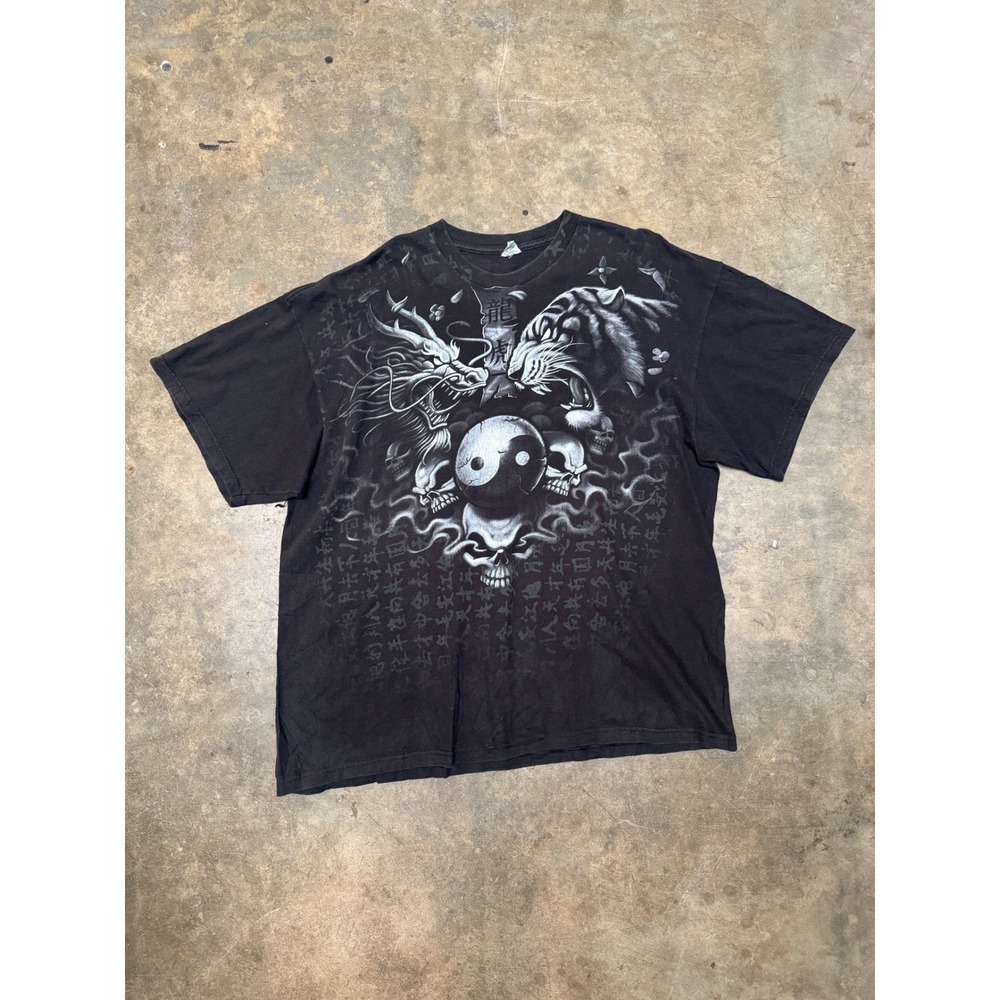 Vintage‎ Dragon Tiger Yin Yang Skull Graphic T Shirt Mens 2XL Black Tattoo Tee